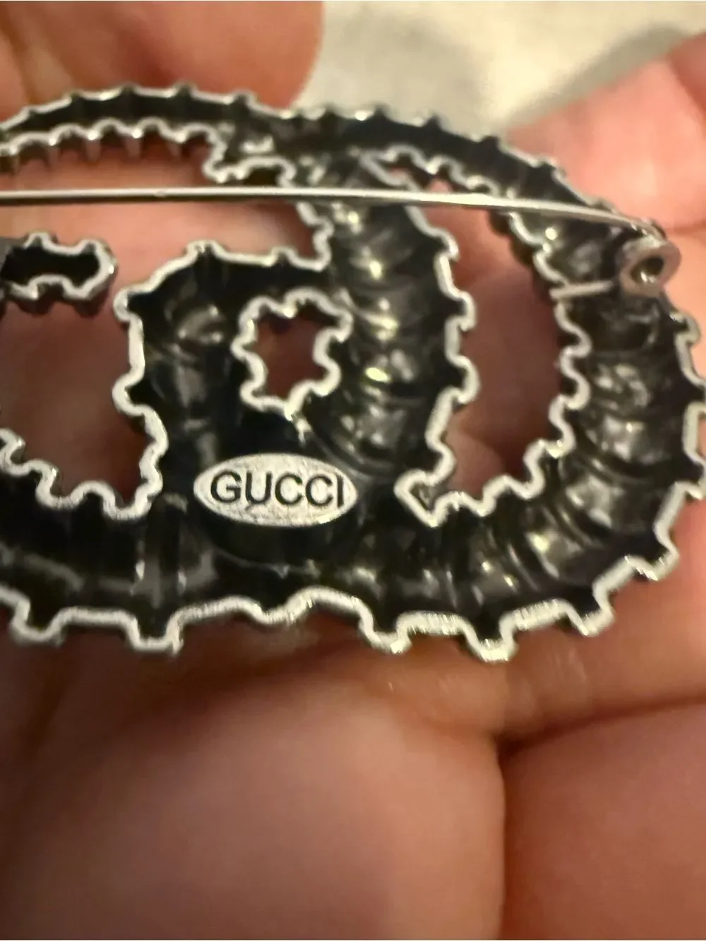 New with box Gucci gun metal color gg brooch